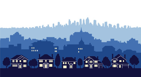 Cityscape with houses and trees silhouettes in flat style. Vector illustration.のイラスト素材