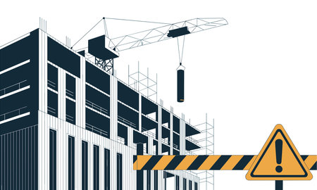 Building under construction with crane and yellow warning tape. Vector illustration.のイラスト素材