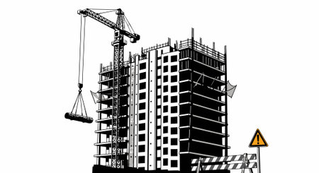Construction of a multi-storey building with a crane on a white backgroundのイラスト素材