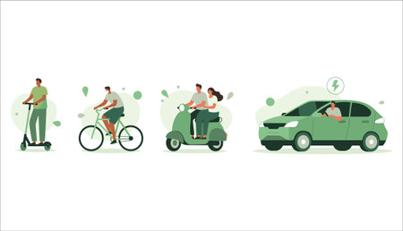 Set of man and woman riding scooter, bicycle, electric car. Flat vector illustration.のイラスト素材