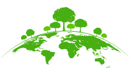 Ecology concept with green trees on the globe. Vector illustration.のイラスト素材