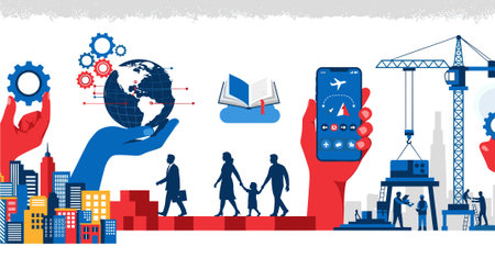 Hand holding mobile phone with icons of smart city. Vector illustration.のイラスト素材