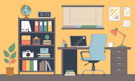 Office interior. Workplace in flat style. Workplace with computer, bookshelf, chair, lamp, globe, coffee cup. Vector illustrationのイラスト素材