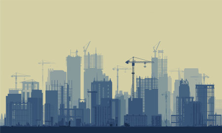 Construction site with cranes and skyscrapers. Vector illustration.のイラスト素材