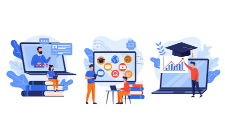 Online education concept. Vector illustration in flat style. Online learning, e-learning, e-learning, online education.のイラスト素材