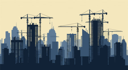 Silhouette of skyscrapers and construction cranes. Vector illustrationのイラスト素材
