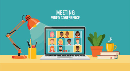 Video conference. Work from home. Vector illustration in flat style.のイラスト素材