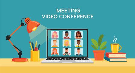Video conference on laptop. Online meeting, remote work concept. Vector illustration in flat styleのイラスト素材