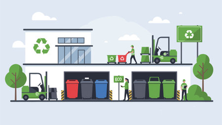 Vector illustration of a flat design of a gas station with green and red waste bins.のイラスト素材