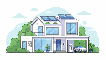Modern house with solar panels. Vector illustration in flat cartoon style.のイラスト素材