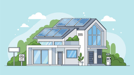 Modern house with solar panels on the roof. Flat style vector illustration.のイラスト素材