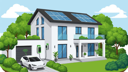 Electric car charging in front of a modern house with solar panels illustrationのイラスト素材