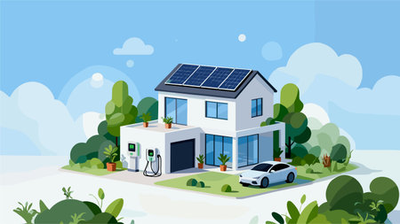 Green energy concept. Eco house with solar panel. Vector illustration.のイラスト素材