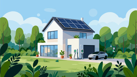 Green eco friendly house with solar panels and electric car. Vector illustration.のイラスト素材
