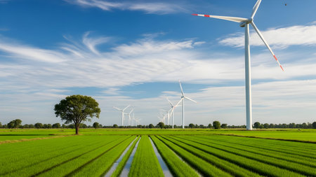 Wind turbines in a rice field with blue sky and white clouds.の素材