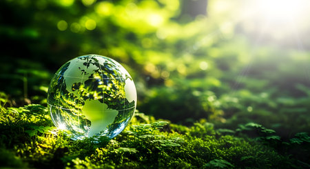 Globe on the green grass and forest background. Environment conservation concept.の素材