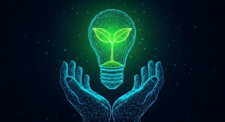 Abstract polygonal light bulb in hands. Green eco energy concept. Polygonal design vector illustration.の素材