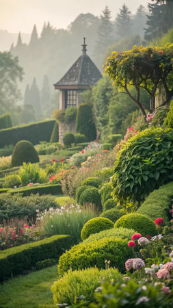Garden with flowers in the morning light. Beautiful landscaped garden.の素材
