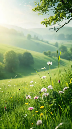 Green meadow with daisies and sunbeams in the morningの素材