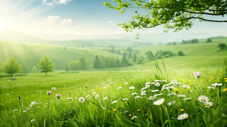 Summer meadow with daisies and other flowers. Beautiful landscape.の素材