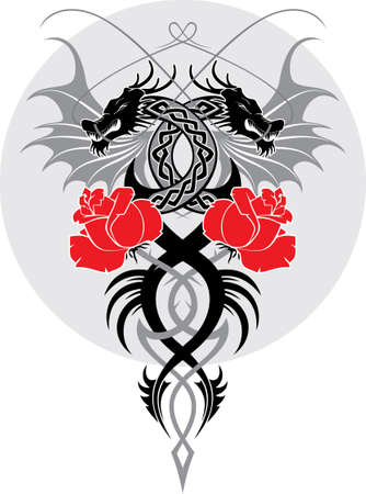 Embroidery oriental floral pattern with black dragons and roses.のイラスト素材