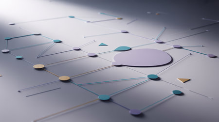 An abstract digital network is depicted with interconnected nodes and lines. Various geometric shapes, including circles, ovals, and triangles, are integrated into the structure. The color palette features soft blues, purples, yellows, and teal, with subtle lighting creating a sense of depth and dimensionality. The overall impression is one of data flow and interconnectedness.の素材