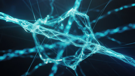 An abstract digital visualization depicts a complex network of glowing blue lines and interconnected nodes against a dark background. The intricate structure suggests a digital system, a neural network, or a molecular formation, with light emanating from the connections, creating a sense of energy and depth.の素材