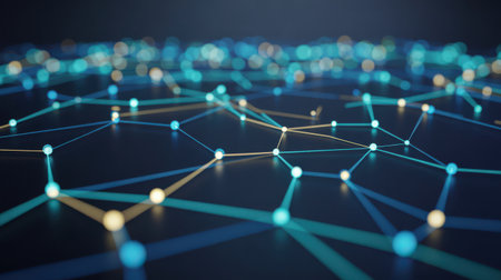 An abstract digital representation of a network with numerous glowing nodes of blue and yellow light connected by thin, luminous lines. The background is dark, creating a sense of depth and highlighting the intricate web of connections. The image conveys a sense of data flow and interconnectedness.の素材