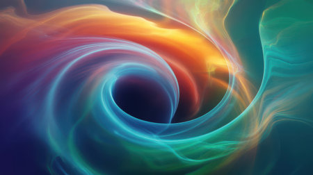 An abstract digital artwork depicts a swirling vortex of vibrant colors resembling a cosmic nebula. Fiery oranges and yellows blend with cool blues and greens, creating a dynamic and energetic flow. Luminous lines and ethereal wisps suggest movement and depth within the swirling mass. The overall impression is one of cosmic creation and ethereal beauty.の素材