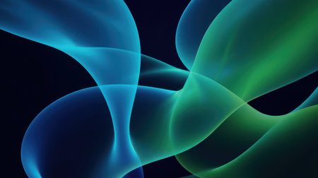 Abstract swirling forms of translucent blue and green fluid undulate against a dark, deep background. The shapes are smooth and organic, with soft edges and luminous gradients that suggest light passing through them. The composition evokes a sense of movement, energy, and ethereal beauty.の素材