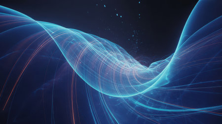 An abstract digital visualization featuring a prominent, glowing wave-like form in shades of blue and teal against a dark background. Thin, luminous streaks and scattered particles add to the sense of dynamic movement and energy. The overall impression is futuristic and technological.の素材