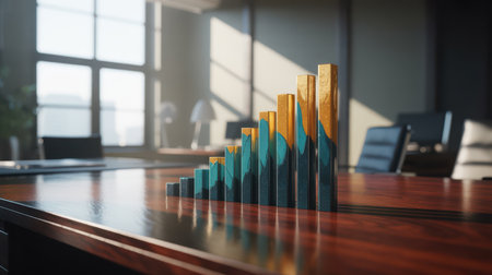 A close-up, low-angle view of a bar chart with increasing bars arranged on a polished wooden desk. Each bar features a gradient of golden and teal colors, with a metallic sheen. Sunlight streams in from a window in the background, casting shadows and creating a sense of depth. The office environment is blurred, focusing attention on the financial data visualization.の素材