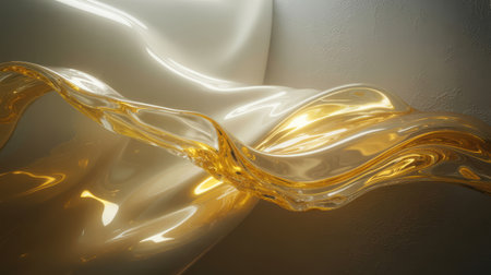 An abstract composition features flowing liquid metal in rich golden hues intertwined with soft, creamy silk fabric. The surfaces are highly reflective, catching the light and creating a sense of depth and luxury. The smooth, organic curves and interplay of light and shadow evoke a feeling of elegance and opulence.の素材
