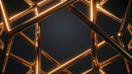 A close-up view of an abstract geometric structure made of interconnected golden metallic bars and lines. The structure is illuminated by a warm, glowing orange light, creating highlights and reflections on the polished surfaces. The background is a dark, gradient color, providing a stark contrast to the bright golden elements. The composition is symmetrical and intricate, suggesting a complex network or futuristic design.の素材