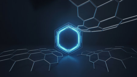 An abstract composition featuring a central glowing neon blue hexagon surrounded by metallic wireframe hexagonal structures. The elements are set against a dark, minimalist background, creating a sense of depth and technological sophistication. The overall aesthetic is futuristic and scientific.の素材