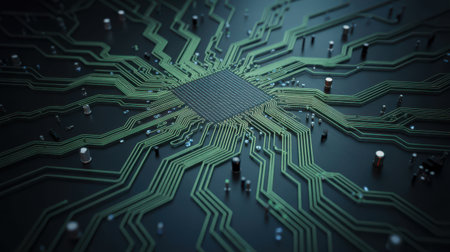 A detailed, close-up view of a green circuit board. The central area features a square microchip or processor, surrounded by a dense network of thin, green conductive pathways. The pathways branch out in a complex, intricate pattern, resembling a futuristic city or neural network. Small cylindrical components are visible along some of the pathways. The lighting creates subtle highlights and shadows, emphasizing the three-dimensional nature of the circuitry.の素材