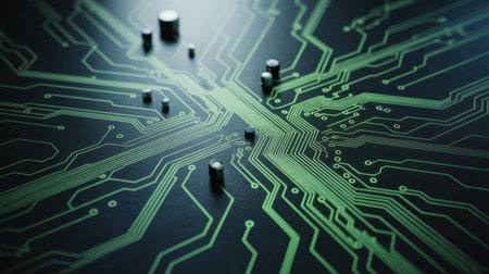 A detailed, close-up view of a green illuminated circuit board. The intricate pathways and tiny components are clearly visible, creating a complex and futuristic technological pattern. The lighting emphasizes the glowing lines and the depth of the board.の素材