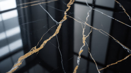 A close-up view of a polished black marble surface featuring striking gold veins that create an intricate, abstract pattern. The glossy finish reflects light, highlighting the luxurious texture and depth of the natural stone. The dark background with subtle linear reflections suggests an interior design element.の素材
