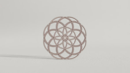 A delicate geometric mandala pattern is presented as an overlay with thin red lines against a clean, minimalist white background. The design is circular and symmetrical, composed of overlapping arcs and circles, creating an intricate yet subtle visual. The simplicity of the background emphasizes the precise and elegant nature of the geometric form.の素材