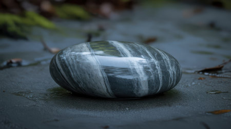 A dark, polished stone with prominent grey and white stripes lies on a wet, dark, and textured surface. The stone's surface is smooth and reflective, catching the ambient light and accentuating its striped pattern. The surface it rests on appears to be a dark, possibly damp path or ground, with scattered leaves and small water droplets visible. The overall mood is subdued and natural, with a focus on the texture and form of the stone.の素材