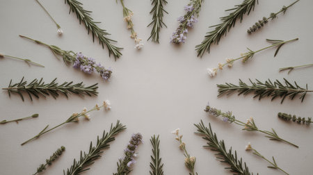 A flat lay composition featuring sprigs of rosemary and small lavender and white flowers arranged in a circular pattern on a light, neutral background. The green rosemary branches contrast with the delicate purple and white blossoms, creating a natural and organic aesthetic with ample negative space in the center.の素材
