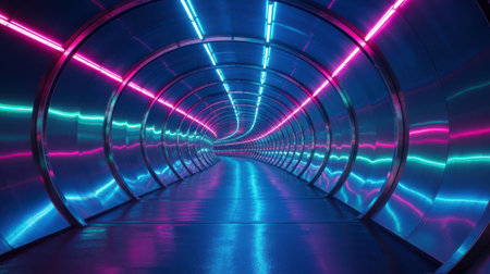A long, futuristic tunnel stretches into the distance, illuminated by alternating bands of vibrant pink and cyan neon lights. The metallic walls reflect the colorful lights, creating a sense of depth and motion. The floor is also reflective, mirroring the glowing lines above. The perspective draws the viewer's eye towards a vanishing point, suggesting an endless journey or a portal to another dimension.の素材