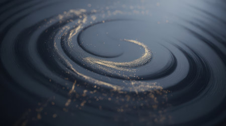 A close-up, abstract view of a dark, swirling surface. The surface has a smooth, fluid texture with visible concentric ripples. Scattered across the surface are fine particles of gold glitter, catching the light and creating a subtle sparkle and shimmer. The overall effect is elegant and luxurious, with a sense of gentle motion.の素材