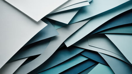 An abstract composition featuring multiple overlapping sheets of paper. The sheets are arranged in a dynamic, layered fashion, creating a sense of depth and movement. The color palette consists of cool tones, including shades of white, light grey, and various blues, with subtle gradients and shadows enhancing the visual texture and form of the paper.の素材