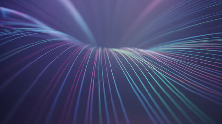 This abstract image features a series of colorful light streaks, predominantly in shades of purple, blue, green, and pink, converging to create a tunnel-like effect. The streaks appear to be in motion, suggesting speed and energy. The background is a soft gradient of purple, contributing to a futuristic and digital aesthetic.の素材