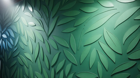 A close-up of a wall panel featuring an embossed pattern of stylized green leaves. The leaves are arranged in a dense, overlapping composition, creating a sense of organic growth and texture. Dramatic lighting casts shadows that accentuate the three-dimensional relief of the leaves, with a gradient of green and blue tones.の素材