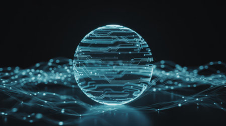 A spherical object resembling a digital orb is illuminated with a bright blue light. Its surface is patterned like a complex circuit board with intricate lines and nodes. Around the sphere, streams of glowing blue particles and wavy lines create a sense of data flow and interconnectedness.の素材