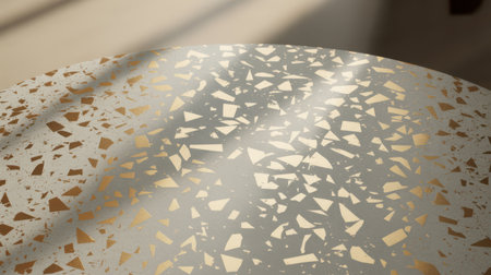 A close-up view of a light grey terrazzo surface is illuminated by dappled sunlight, creating a play of light and shadow. The surface is speckled with numerous irregular gold flecks, adding a touch of metallic shine and visual interest. The texture appears smooth and polished, suggesting a modern and sophisticated material suitable for interior design elements like tabletops, counters, or flooring.の素材