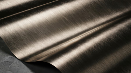 A close-up view of a brushed metal surface with a subtle wave pattern. The texture features fine, linear grains running horizontally, catching the light and creating a soft, reflective sheen. The overall color is a muted, dark metallic tone, with variations in light and shadow that emphasize the undulating form of the material.の素材