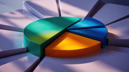 A close-up, angled view of a 3D pie chart with distinct segments in green, blue, and orange. The chart is placed on a light-colored, textured surface with radiating lines and subtle shadows cast by the chart's edges. The lighting creates a sense of depth and highlights the glossy finish of the chart segments.の素材